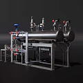 Industrial Equipment With Multiple Pipes Valves Large Cylindrical Tank And Control Panels