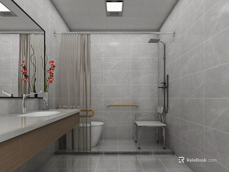 Modern Bathroom With Gray Tiles Vanity Mirror Shower Curtain Grab Bar And Chair 3d model 