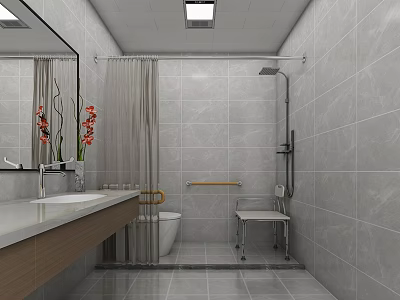Modern Bathroom With Gray Tiles Vanity Mirror Shower Curtain Grab Bar And Chair 3d model