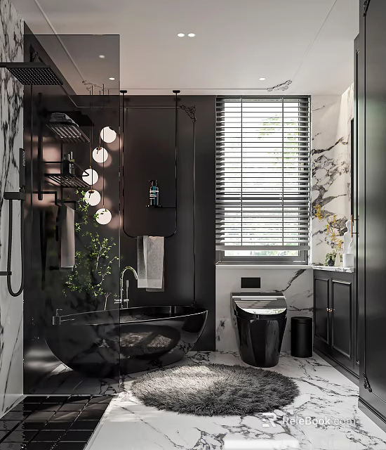 Elegant Modern Bathroom Interior With Black Bathtub Marble Walls Toilet And Green Plants 3d model 