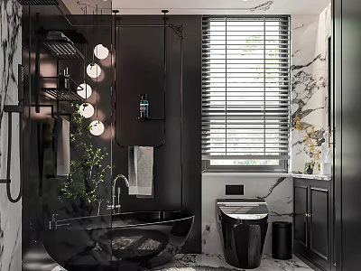 Elegant Modern Bathroom Interior With Black Bathtub Marble Walls Toilet And Green Plants 3d model
