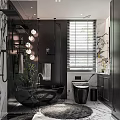 Elegant Modern Bathroom Interior With Black Bathtub Marble Walls Toilet And Green Plants