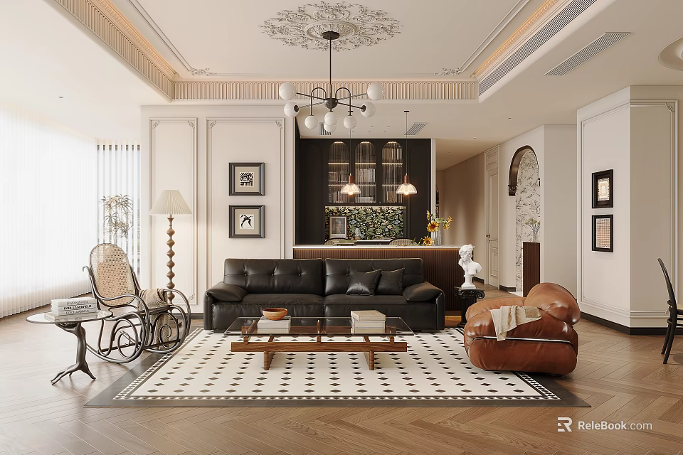 Elegant Living and Dining Room Interior Featuring Black Leather Sofa Coffee Table Chandelier Decorative Paintings 3d model 