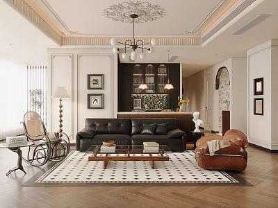 Elegant Living and Dining Room Interior Featuring Black Leather Sofa Coffee Table Chandelier Decorative Paintings 3d model