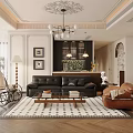 Elegant Living and Dining Room Interior Featuring Black Leather Sofa Coffee Table Chandelier Decorative Paintings
