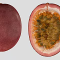 Whole Deep Red Passion Fruit and Halved with Orange Yellow Pulp and Green Seeds