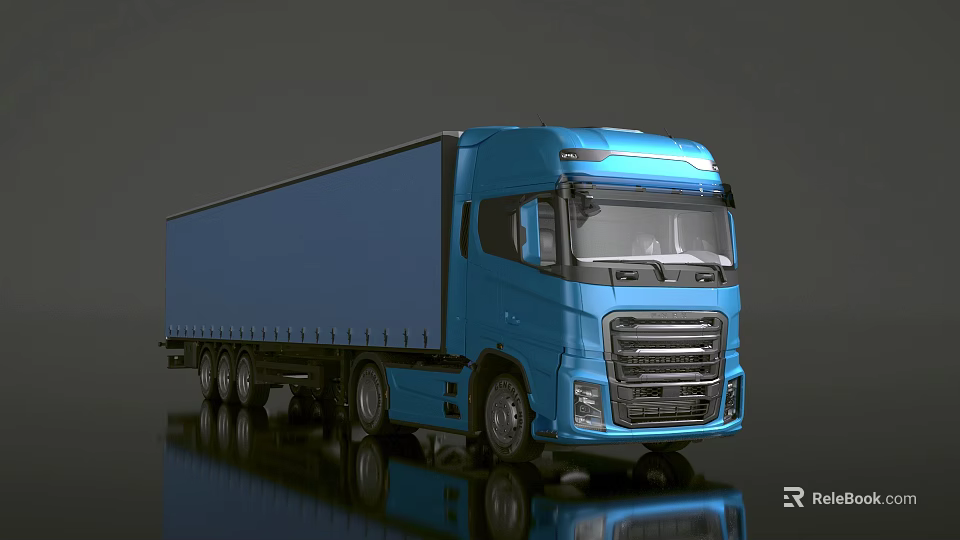 Blue Modern Truck With Curtain Side Trailer And Shiny Front Grille 3d model 