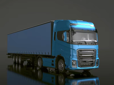 Blue Modern Truck With Curtain Side Trailer And Shiny Front Grille 3d model