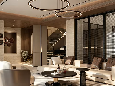 Modern Living Dining Room Interior Design With Circular Chandeliers Beige Sofa And Coffee Table 3d model