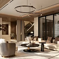 Modern Living Dining Room Interior Design With Circular Chandeliers Beige Sofa And Coffee Table