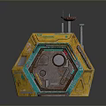 Futuristic Sci Fi Landscape Featuring Yellow Green Hexagonal Structure With Antenna And Mechanical Parts