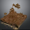 Intricate Golden Coral Like Structure With Flying Elements Gray Background And Reflective Base