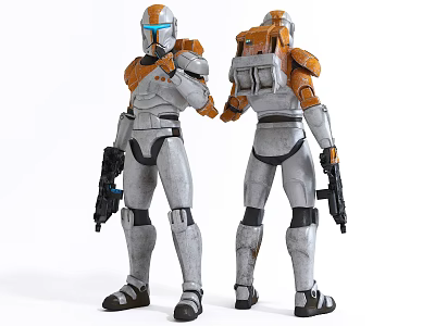 Game Movie Character in Gray Orange Armor Holding Gun Front Back View 3d model