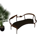 Stylish Wooden Frame Sofa Combination With Dark Cushion Palm Plant And Decorative Sculpture