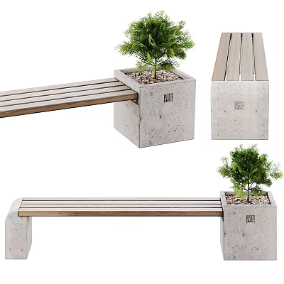 Outdoor Bench with Wooden Slats and Concrete Base Featuring Small Potted Plant 3d model