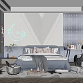 Kids Room Interior Design With Blue Bed Neon Moon Stars Decor Soft Rug And Storage