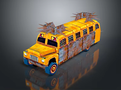 Modified Rusty Yellow School Bus With Spikes And Barred Windows 3d model