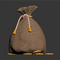 Burlap Storage Bag As Practical Household Item With Tied String And Scattered Gold Red Coins