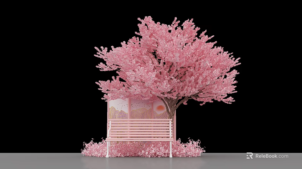 Pink Cherry Blossom Tree With Pink Bench And Decorative Screen In Elegant Scene 3d model 