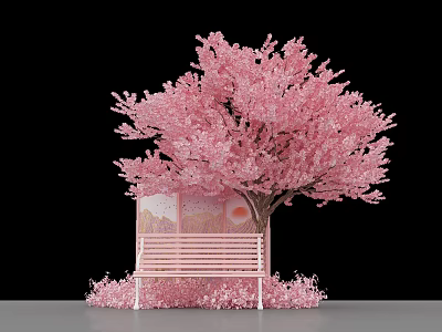 Pink Cherry Blossom Tree With Pink Bench And Decorative Screen In Elegant Scene 3d model