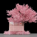 Pink Cherry Blossom Tree With Pink Bench And Decorative Screen In Elegant Scene