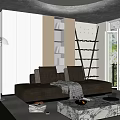 Modern Living Room Interior With Beige Sofa Cushions Throw Blanket And Black Bookshelf