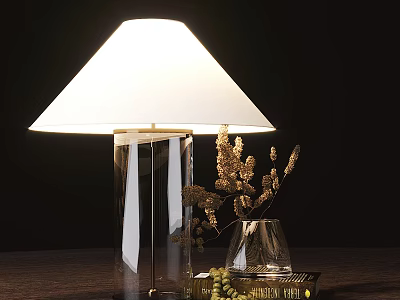 Modern Table Lamp with White Lampshade Transparent Glass Base and Glass Vase with Golden Flowers 3d model
