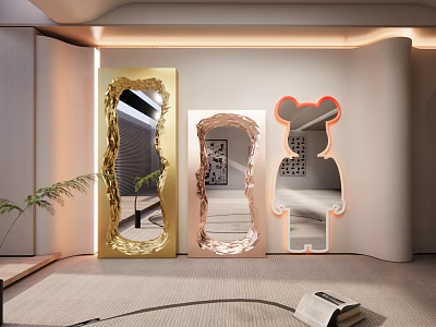Modern Interior Design With Gold Frame Pink Frame Bear Shaped And Neon Decorative Mirrors 3d model