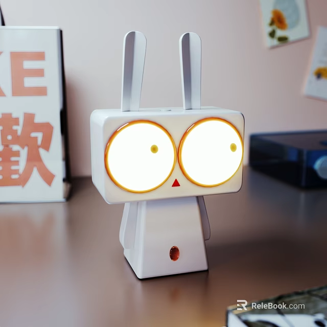 Cute White Robot Shaped Decorative Lamp With Round Lamps And Yellow Trim 3d model 