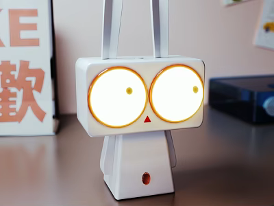 Cute White Robot Shaped Decorative Lamp With Round Lamps And Yellow Trim 3d model