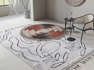 Square Living Room Rug With Black White Abstract Lines And Red Beige Circular Accent 3d model