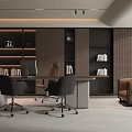 Modern Office Interior Featuring Desk Ergonomic Chairs Bookshelves Sofa And Potted Plant