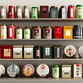 Traditional Tea Room Interior With Various Tea Cans And Cakes On Shelves