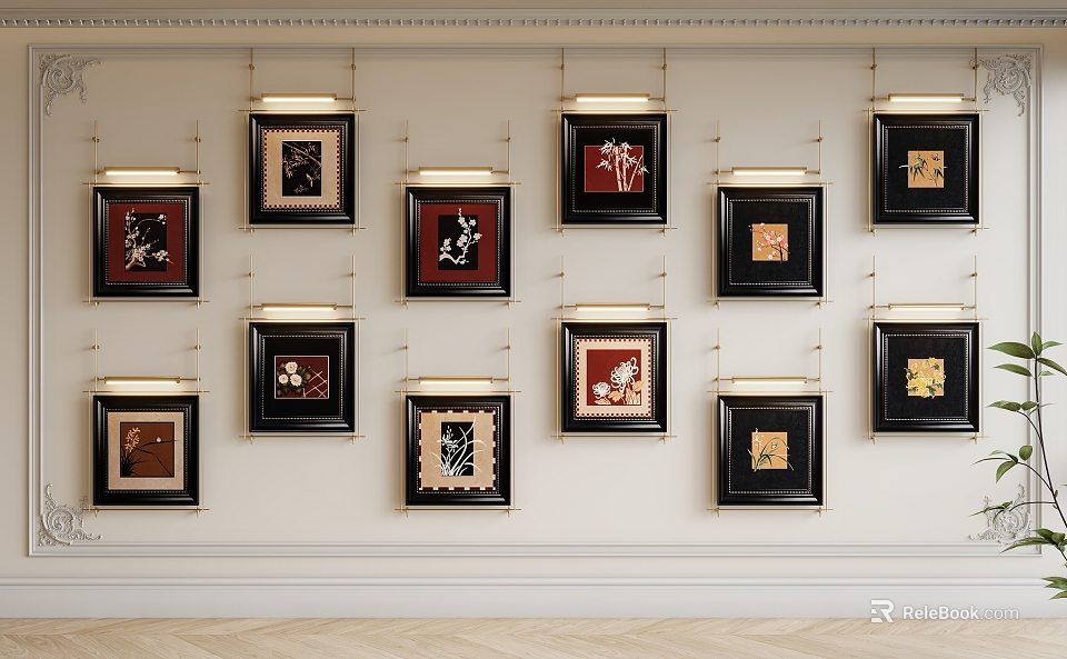 Framed Oil Paintings Hanging on Light Colored Wall with Herringbone Wooden Floor 3d model 