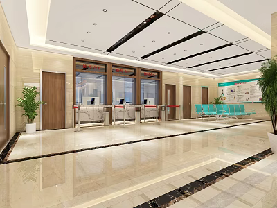 Modern Lobby Interior With Marble Floor Reception Desk Green Plants Blue Seats And Ceiling Design 3d model