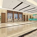 Modern Lobby Interior With Marble Floor Reception Desk Green Plants Blue Seats And Ceiling Design