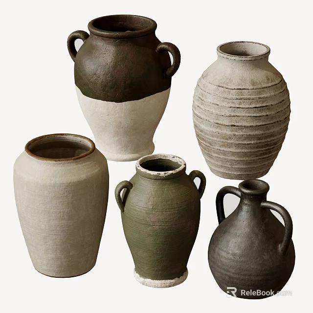 Various Ceramic Vessels In Green White Brown With Handles And Textured Striped Designs 3d model 