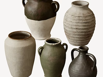 Various Ceramic Vessels In Green White Brown With Handles And Textured Striped Designs 3d model