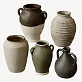Various Ceramic Vessels In Green White Brown With Handles And Textured Striped Designs