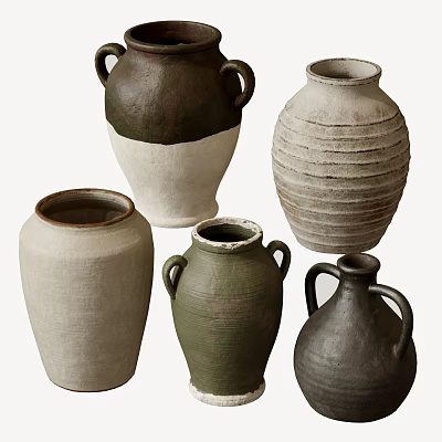 Various Ceramic Vessels In Green White Brown With Handles And Textured Striped Designs 3d model