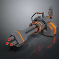 Futuristic Multi Barrel Weapon Gray And Orange Color Scheme With Mechanical Grip And Barrel Details