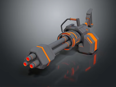 Futuristic Multi Barrel Weapon Gray And Orange Color Scheme With Mechanical Grip And Barrel Details 3d model