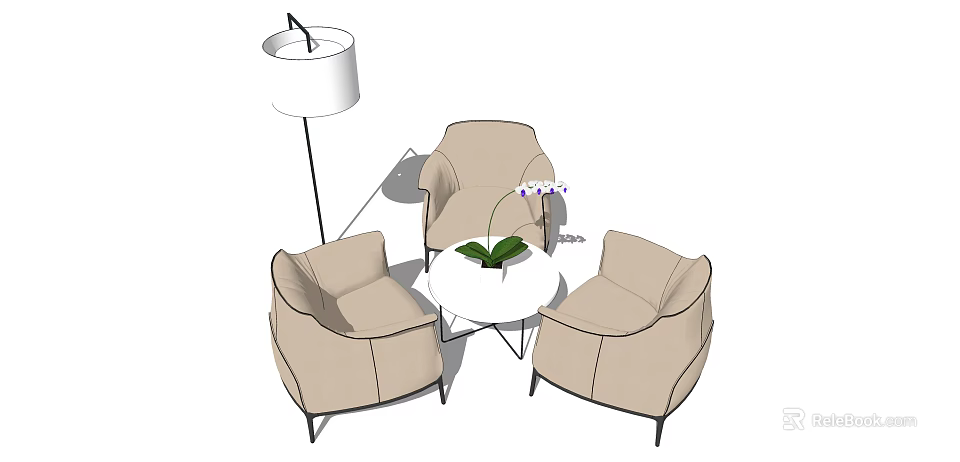 Leisure Sofa Set with Beige Armchairs Round White Coffee Table Green Orchid and Floor Lamp 3d model 