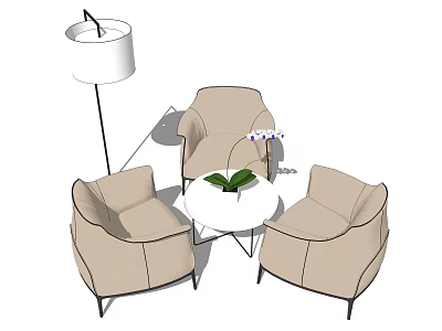 Leisure Sofa Set with Beige Armchairs Round White Coffee Table Green Orchid and Floor Lamp 3d model