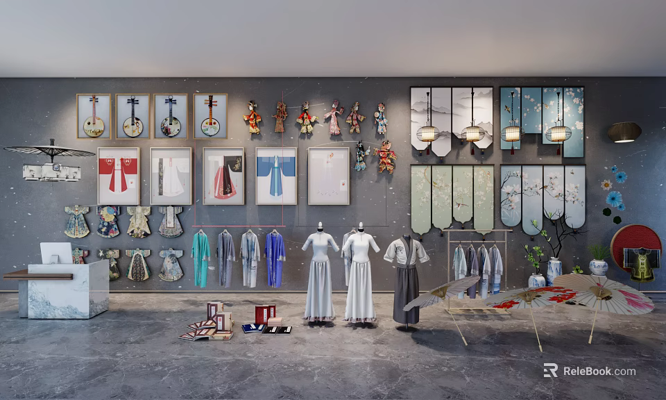 Elegant Traditional and Modern Clothes Store Display With Hanging Garments Accessories And Pendant Lights 3d model 
