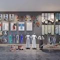 Elegant Traditional and Modern Clothes Store Display With Hanging Garments Accessories And Pendant Lights