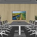 Modern Conference Room With Long Table Black Chairs Large Screen Green Walls And Plants