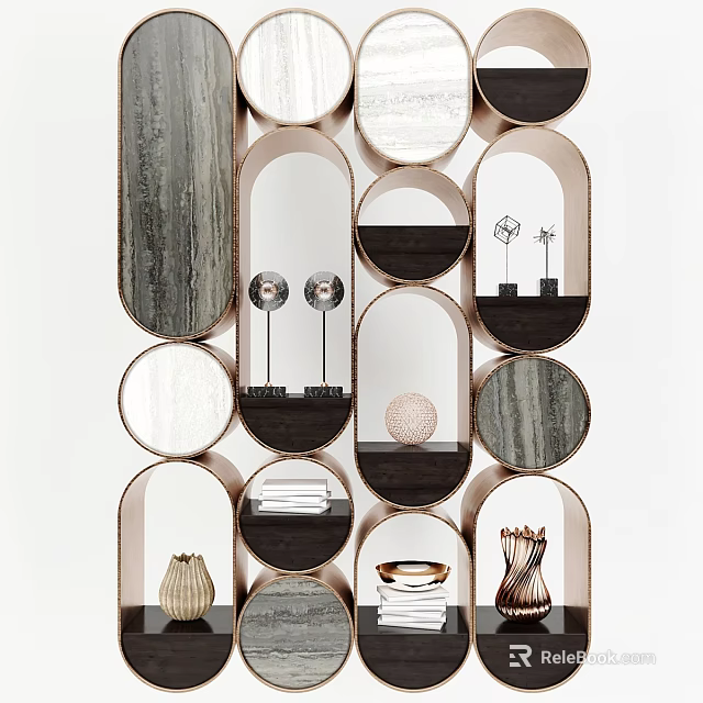 Stylish Modern Shelving Unit With Circular Oval Shelves And Decorative Vases 3d model 