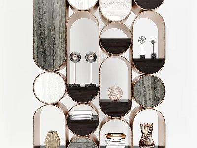 Stylish Modern Shelving Unit With Circular Oval Shelves And Decorative Vases 3d model