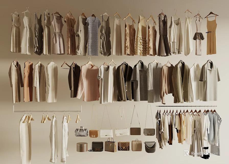 Fashionable Clothes Collection Hanging On Hangers With Neutral Tones And Accessories 3d model 